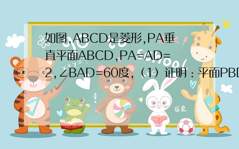 如图,ABCD是菱形,PA垂直平面ABCD,PA=AD=2,∠BAD=60度,（1）证明：平面PBD垂直平面PAC（已会