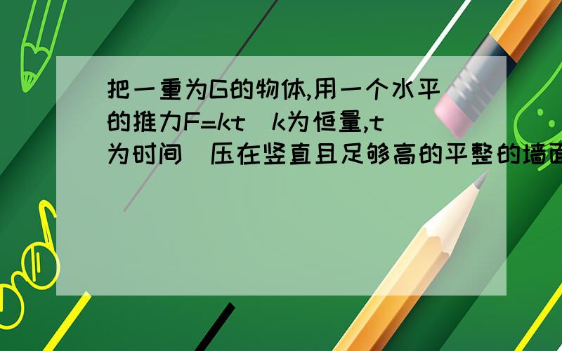 把一重为G的物体,用一个水平的推力F=kt（k为恒量,t为时间）压在竖直且足够高的平整的墙面,如图所示,