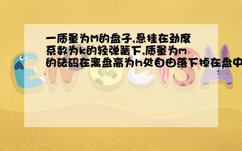 一质量为M的盘子,悬挂在劲度系数为k的轻弹簧下,质量为m的砝码在离盘高为h处自由落下掉在盘中,砝码落入盘中后即和盘一道向