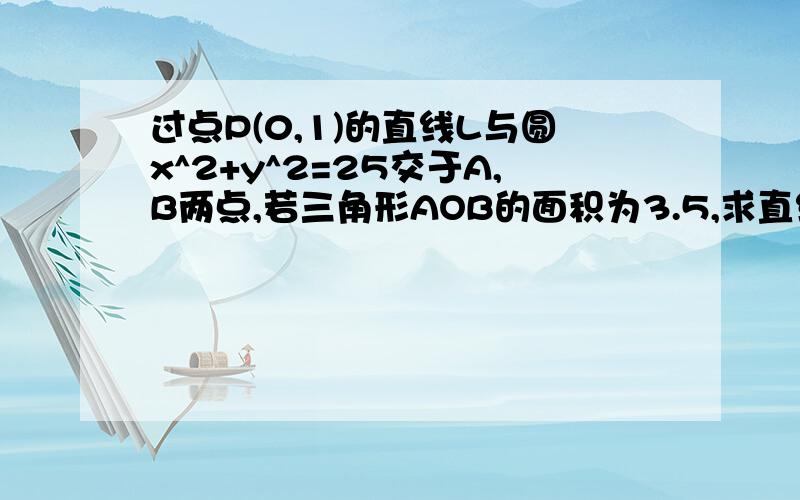 过点P(0,1)的直线L与圆x^2+y^2=25交于A,B两点,若三角形AOB的面积为3.5,求直线L方程.