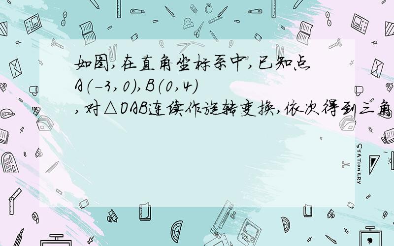 如图,在直角坐标系中,已知点A（-3,0）,B（0,4）,对△OAB连续作旋转变换,依次得到三角形①……