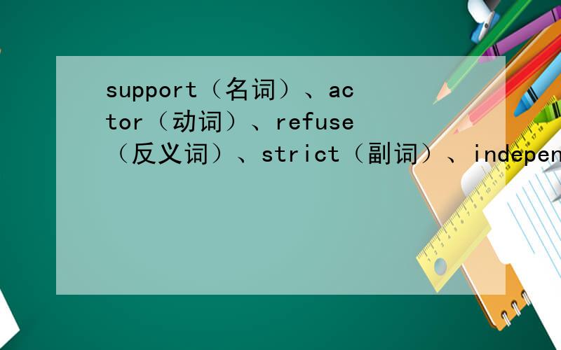 support（名词）、actor（动词）、refuse（反义词）、strict（副词）、independent（名词和