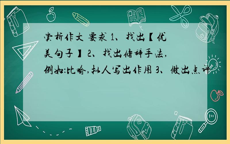 赏析作文 要求 1、找出【优美句子】 2、找出修辞手法,例如：比喻,拟人写出作用 3、做出点评