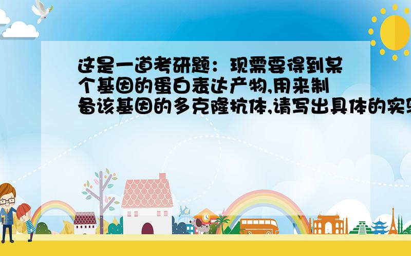 这是一道考研题：现需要得到某个基因的蛋白表达产物,用来制备该基因的多克隆抗体,请写出具体的实验方案