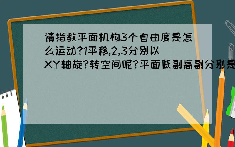 请指教平面机构3个自由度是怎么运动?1平移,2,3分别以XY轴旋?转空间呢?平面低副高副分别是什么约束?