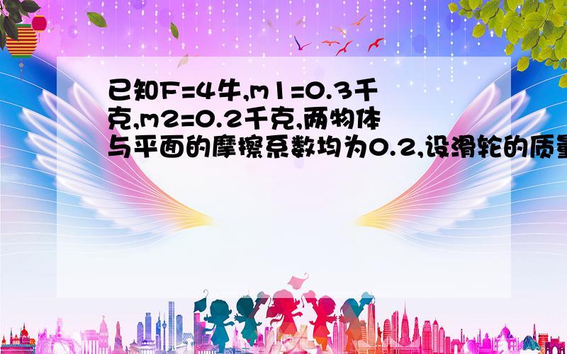 已知F=4牛,m1=0.3千克,m2=0.2千克,两物体与平面的摩擦系数均为0.2,设滑轮的质量与