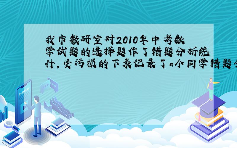 我市教研室对2010年中考数学试题的选择题作了错题分析统计,受污损的下表记录了n个同学错题分布情况：已知