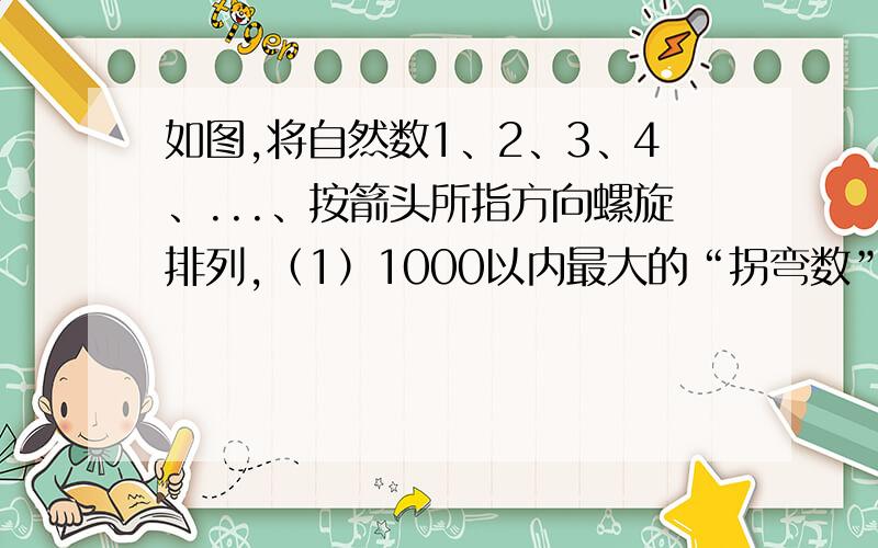 如图,将自然数1、2、3、4、...、按箭头所指方向螺旋排列,（1）1000以内最大的“拐弯数”是_______.