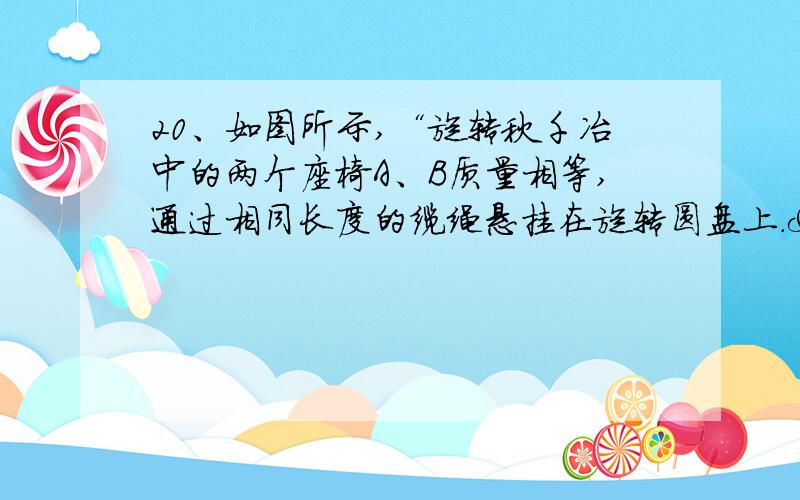 20、如图所示,“旋转秋千冶中的两个座椅A、B质量相等,通过相同长度的缆绳悬挂在旋转圆盘上. 不考虑空气阻力的