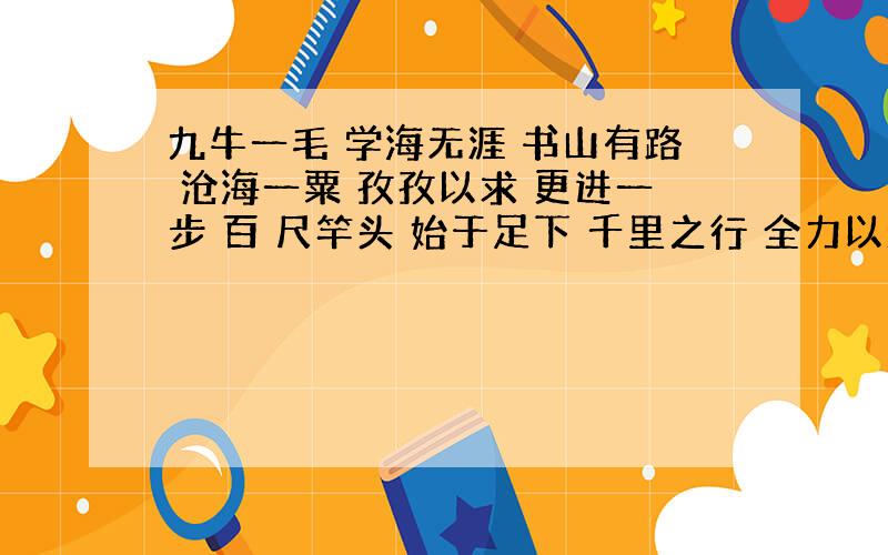 九牛一毛 学海无涯 书山有路 沧海一粟 孜孜以求 更进一步 百 尺竿头 始于足下 千里之行 全力以赴