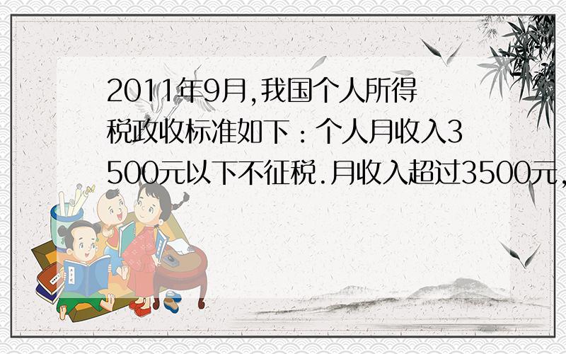 2011年9月,我国个人所得税政收标准如下：个人月收入3500元以下不征税.月收入超过3500元,超过部分按下面的标准征