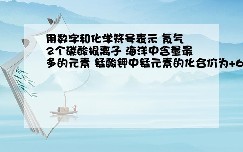 用数字和化学符号表示 氖气 2个碳酸根离子 海洋中含量最多的元素 锰酸钾中锰元素的化合价为+6价 太阳中含