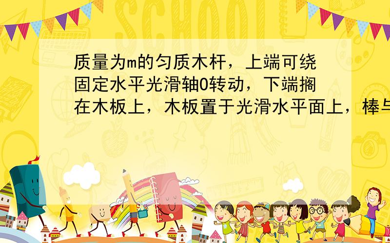 质量为m的匀质木杆，上端可绕固定水平光滑轴O转动，下端搁在木板上，木板置于光滑水平面上，棒与竖直线成45°角，棒与木板间