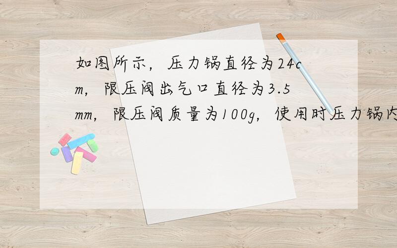 如图所示，压力锅直径为24cm，限压阀出气口直径为3.5mm，限压阀质量为100g，使用时压力锅内外最大压强差是多少？合