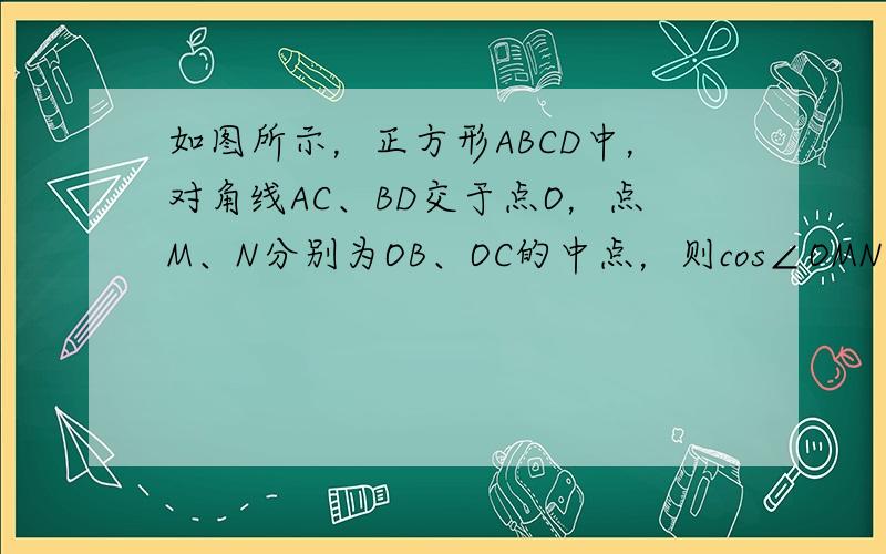 如图所示，正方形ABCD中，对角线AC、BD交于点O，点M、N分别为OB、OC的中点，则cos∠OMN的值为（　　）