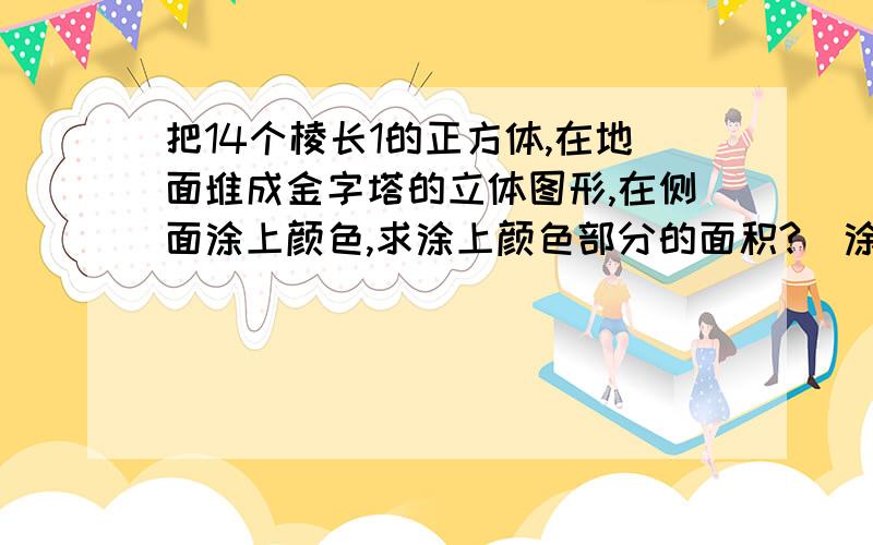 把14个棱长1的正方体,在地面堆成金字塔的立体图形,在侧面涂上颜色,求涂上颜色部分的面积?(涂色部分不含底面)