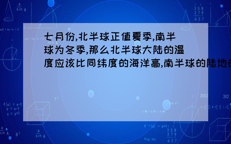 七月份,北半球正值夏季,南半球为冬季,那么北半球大陆的温度应该比同纬度的海洋高,南半球的陆地的温度比同纬度的海洋要低对吗