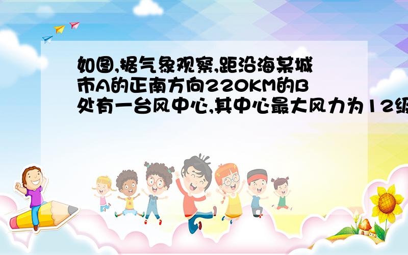 如图,据气象观察,距沿海某城市A的正南方向220KM的B处有一台风中心,其中心最大风力为12级,每远离台风中