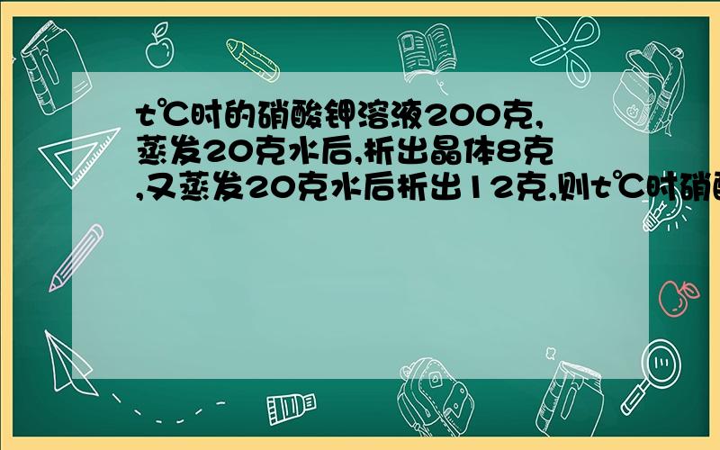 t℃时的硝酸钾溶液200克,蒸发20克水后,析出晶体8克,又蒸发20克水后析出12克,则t℃时硝酸钾的溶解度