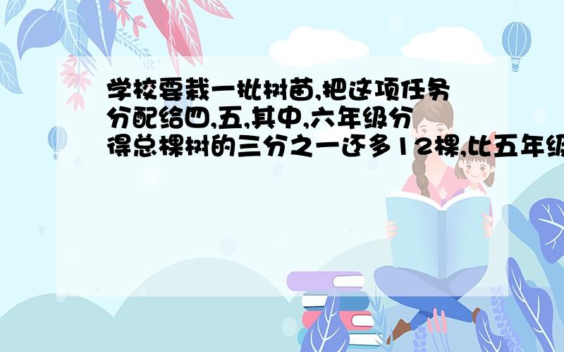 学校要栽一批树苗,把这项任务分配给四,五,其中,六年级分得总棵树的三分之一还多12棵,比五年级分得的棵数多二分之一,四年