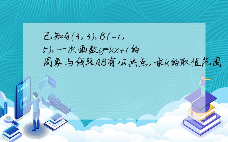 已知A（3,3）,B（-1,5）,一次函数y＝kx＋1的图象与线段AB有公共点,求k的取值范围