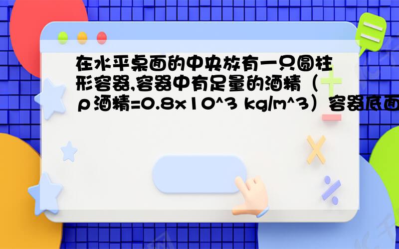 在水平桌面的中央放有一只圆柱形容器,容器中有足量的酒精（ρ酒精=0.8x10^3 kg/m^3）容器底面积为200cm^