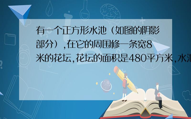 有一个正方形水池（如图的阴影部分）,在它的周围修一条宽8米的花坛,花坛的面积是480平方米,水池的边长是多少米?