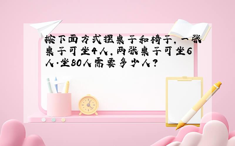 按下面方式摆桌子和椅子,一张桌子可坐4人,两张桌子可坐6人.坐80人需要多少人?