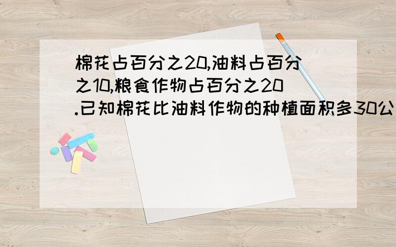 棉花占百分之20,油料占百分之10,粮食作物占百分之20.已知棉花比油料作物的种植面积多30公顷.