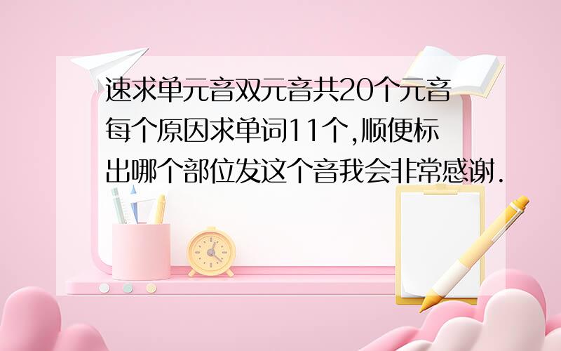 速求单元音双元音共20个元音每个原因求单词11个,顺便标出哪个部位发这个音我会非常感谢.