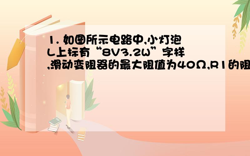 1. 如图所示电路中,小灯泡L上标有“8V3.2W”字样,滑动变阻器的最大阻值为40Ω,R1的阻值为18Ω.求：