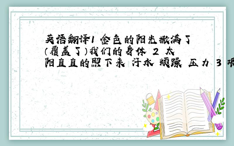 英语翻译1 金色的阳光撒满了（覆盖了）我们的身体 2 太阳直直的照下来 汗水 烦躁 压力 3 艰辛 炙热的阳光 4 夕阳