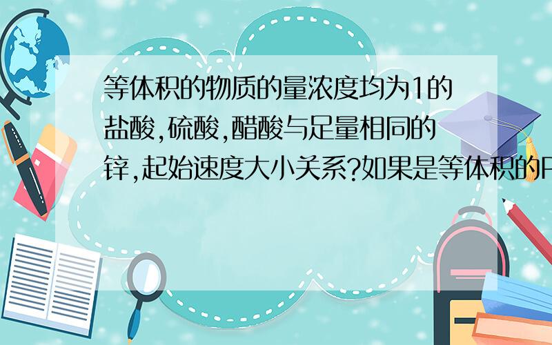 等体积的物质的量浓度均为1的盐酸,硫酸,醋酸与足量相同的锌,起始速度大小关系?如果是等体积的PH