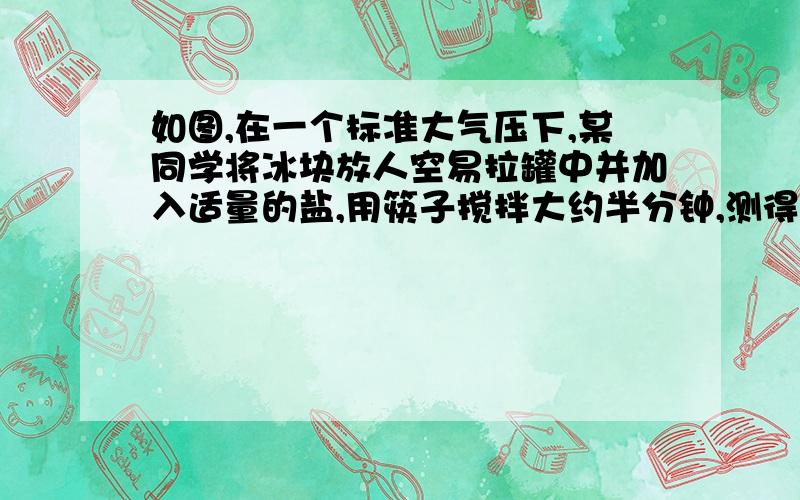 如图,在一个标准大气压下,某同学将冰块放人空易拉罐中并加入适量的盐,用筷子搅拌大约半分钟,测得易拉罐中冰与盐水混合物的温