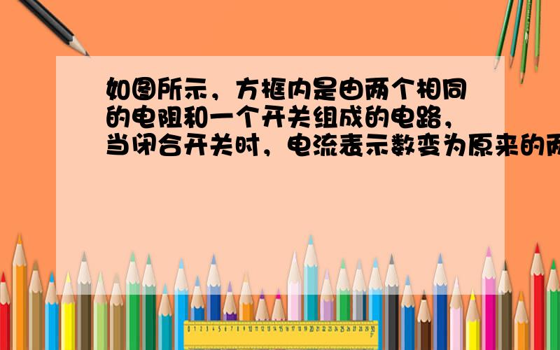 如图所示，方框内是由两个相同的电阻和一个开关组成的电路，当闭合开关时，电流表示数变为原来的两倍，画出方框内电路连接的情况