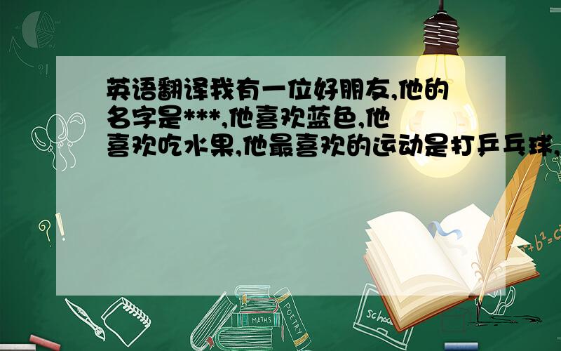 英语翻译我有一位好朋友,他的名字是***,他喜欢蓝色,他喜欢吃水果,他最喜欢的运动是打乒乓球,他最喜欢的科目是英语,他的