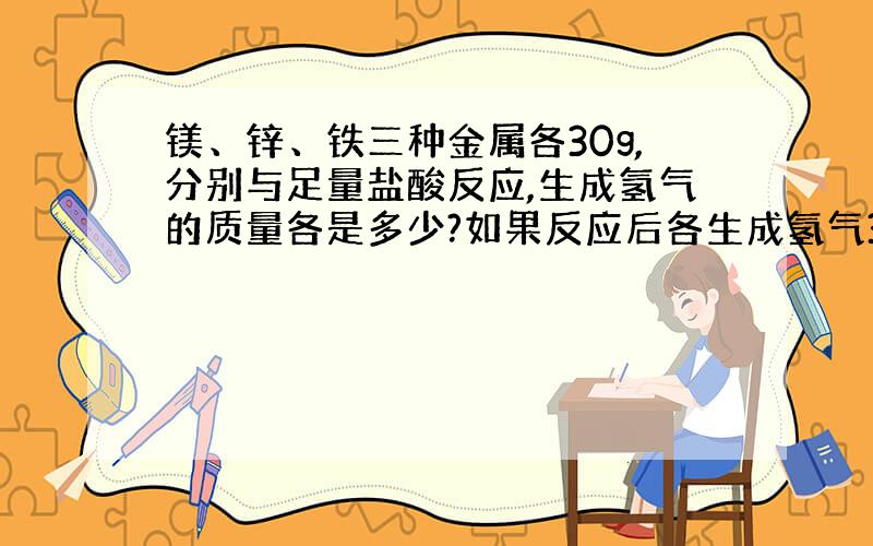 镁、锌、铁三种金属各30g,分别与足量盐酸反应,生成氢气的质量各是多少?如果反应后各生成氢气30g,则需要这三种金属的质