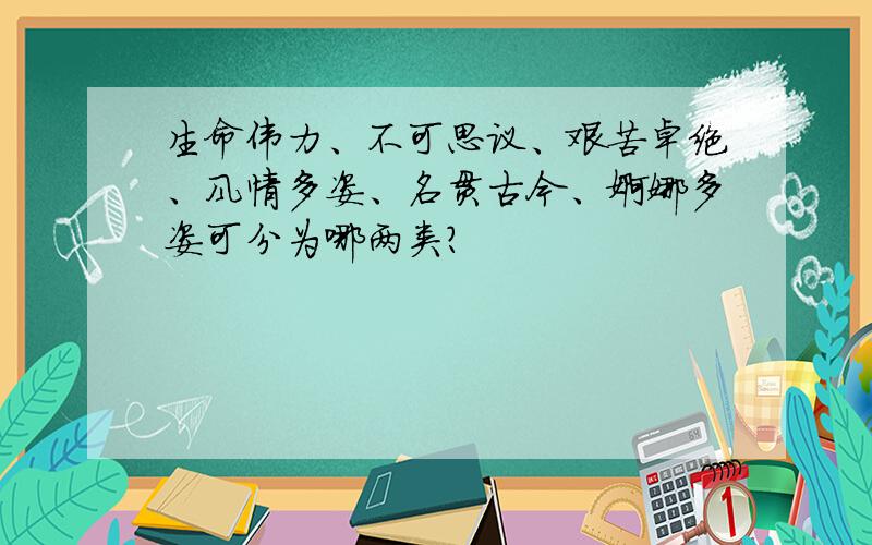 生命伟力、不可思议、艰苦卓绝、风情多姿、名贯古今、婀娜多姿可分为哪两类?