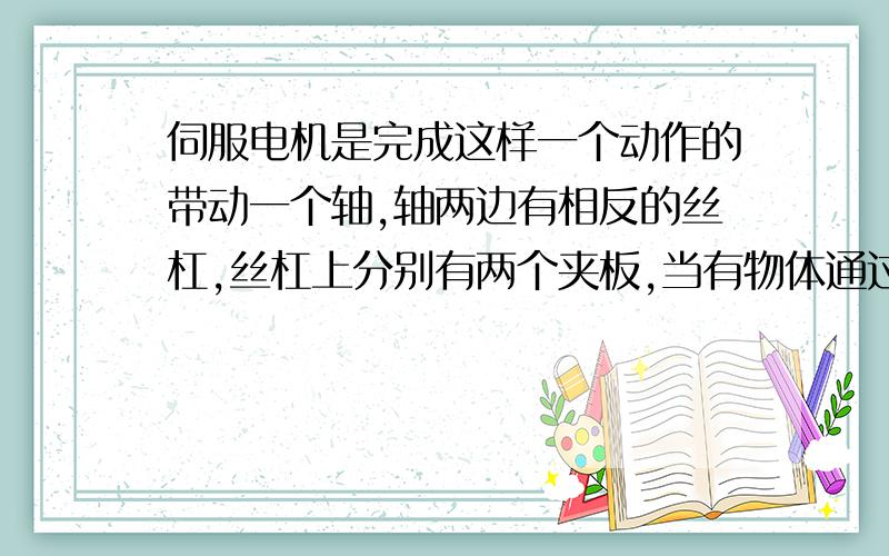 伺服电机是完成这样一个动作的带动一个轴,轴两边有相反的丝杠,丝杠上分别有两个夹板,当有物体通过时,夹