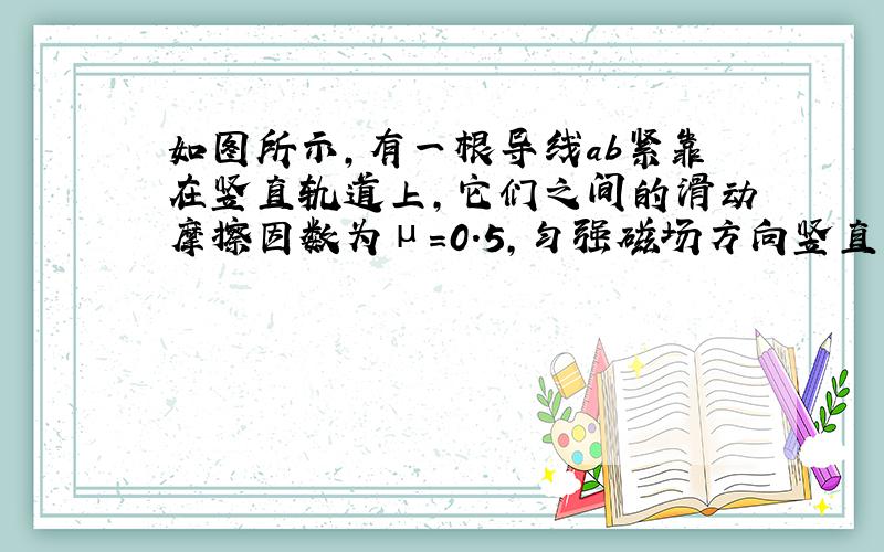 如图所示,有一根导线ab紧靠在竖直轨道上,它们之间的滑动摩擦因数为μ=0.5,匀强磁场方向竖直向上,磁感应强度B=0.4