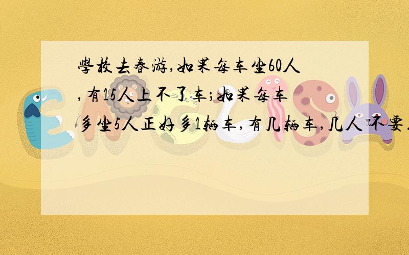 学校去春游,如果每车坐60人,有15人上不了车；如果每车多坐5人正好多1辆车,有几辆车,几人 不要用方乘法