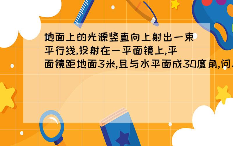 地面上的光源竖直向上射出一束平行线,投射在一平面镜上,平面镜距地面3米,且与水平面成30度角,问反射光线到地面上的光斑离