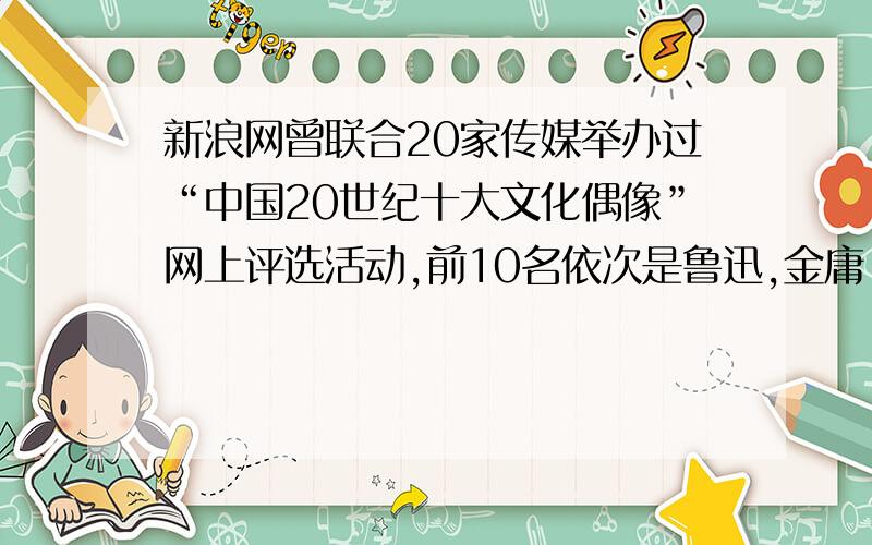 新浪网曾联合20家传媒举办过“中国20世纪十大文化偶像”网上评选活动,前10名依次是鲁迅,金庸,钱钟书,老舍,巴金,张国