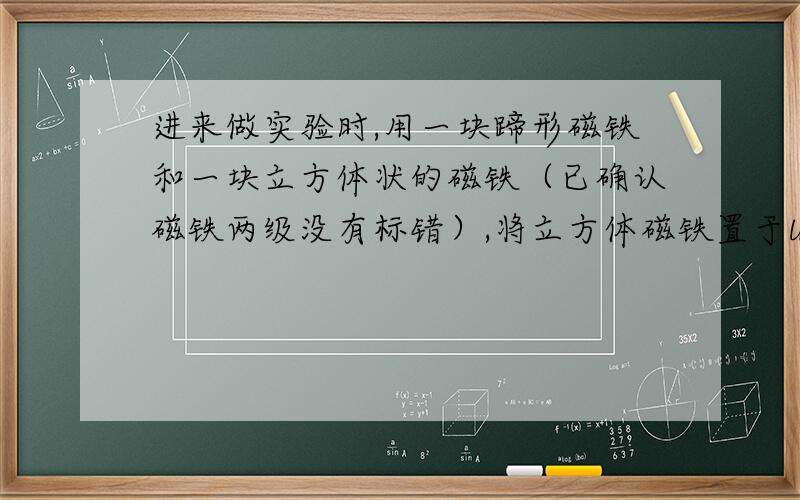 进来做实验时,用一块蹄形磁铁和一块立方体状的磁铁（已确认磁铁两级没有标错）,将立方体磁铁置于U型磁铁的内部中央,发现同名