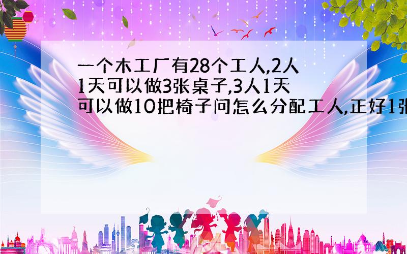 一个木工厂有28个工人,2人1天可以做3张桌子,3人1天可以做10把椅子问怎么分配工人,正好1张桌子配4把椅子