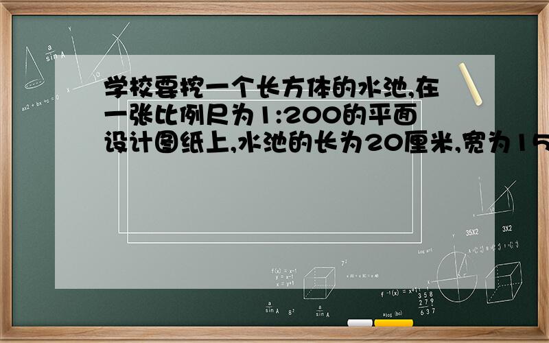 学校要挖一个长方体的水池,在一张比例尺为1:200的平面设计图纸上,水池的长为20厘米,宽为15厘米,这个水池占地面积是