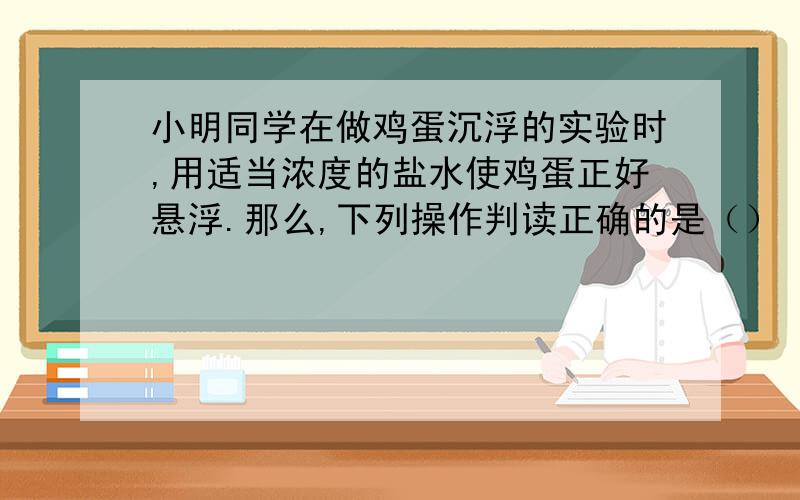 小明同学在做鸡蛋沉浮的实验时,用适当浓度的盐水使鸡蛋正好悬浮.那么,下列操作判读正确的是（）