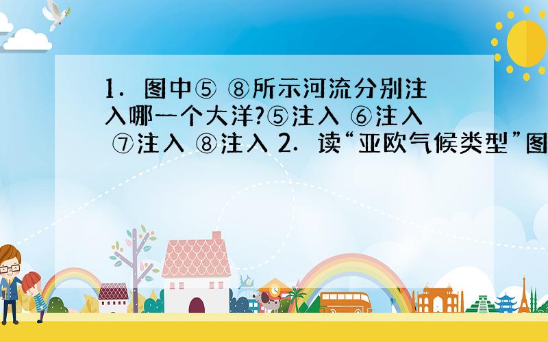 1．图中⑤ ⑧所示河流分别注入哪一个大洋?⑤注入 ⑥注入 ⑦注入 ⑧注入 2．读“亚欧气候类型”图,回