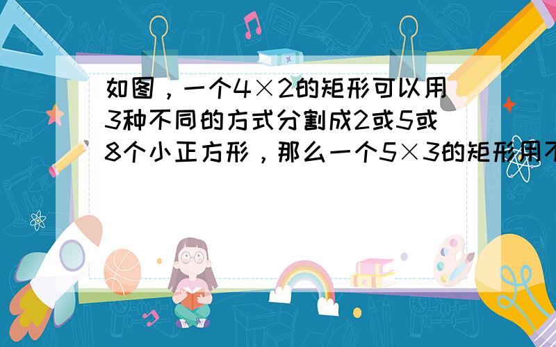 如图，一个4×2的矩形可以用3种不同的方式分割成2或5或8个小正方形，那么一个5×3的矩形用不同的方式分割后，小正方形的