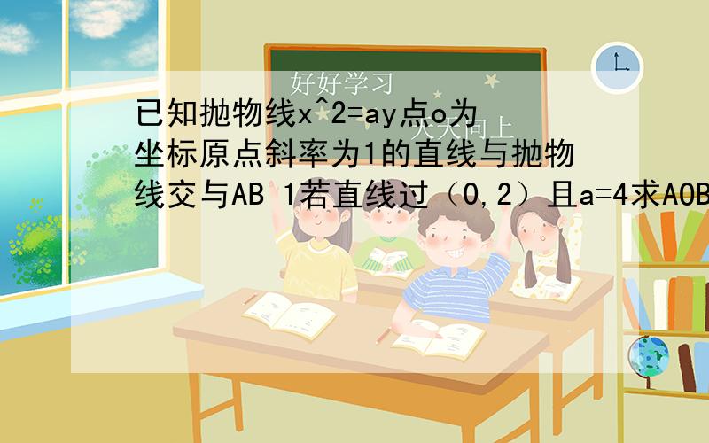 已知抛物线x^2=ay点o为坐标原点斜率为1的直线与抛物线交与AB 1若直线过（0,2）且a=4求AOB得面积